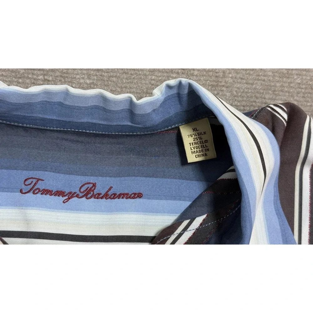 Tommy Bahama Shirt Mens‎ XL Blue Stripe Short Sleeve Silk Tencel Button Casual